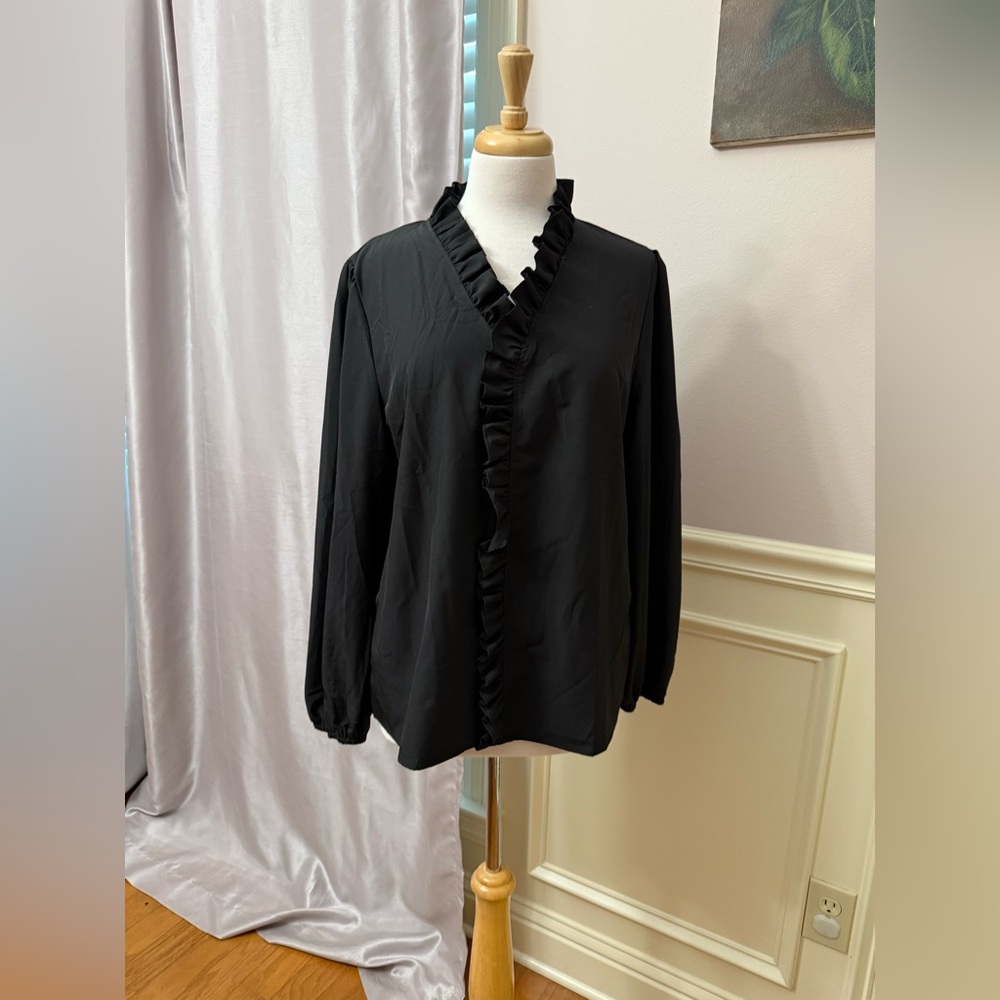 Elegant Black Ruffle Trim Women's Top